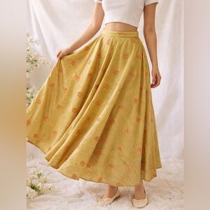 Vintage 90s Gold/Yellow Maxi Skirt Embroidered Floral Cottagecore Fairy Coquette
